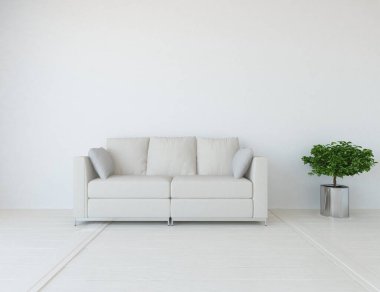 Beyaz minimalist oturma odasının içinde, ahşap zeminde kanepe var. İç kısımları kuzeyli. 3B illüstrasyon
