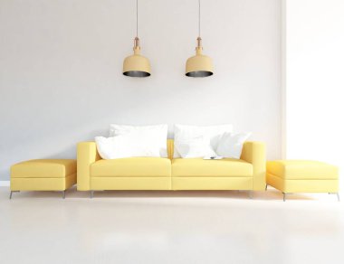 Minimalist bir oturma odası ve ahşap zeminde bir kanepe. İç kısımları kuzeyli. 3B illüstrasyon