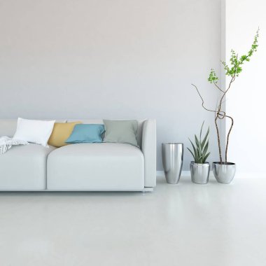 Beyaz minimalist oturma odasının içinde, ahşap zeminde kanepe var. İç kısımları kuzeyli. 3B illüstrasyon
