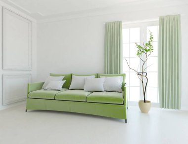 Minimalist bir oturma odası ve ahşap zeminde bir kanepe. İç kısımları kuzeyli. 3B illüstrasyon