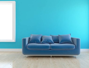 Mavi minimalist bir oturma odası ve ahşap zeminde bir kanepe. İç kısımları kuzeyli. 3B illüstrasyon