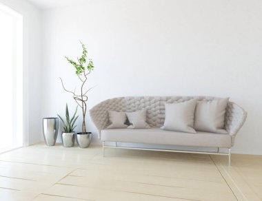 Beyaz minimalist oturma odasının içinde, ahşap zeminde kanepe var. İç kısımları kuzeyli. 3B illüstrasyon