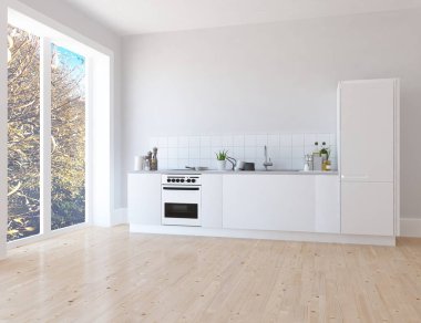 Beyaz minimalist mutfak odası. Ahşap zeminde yemek mobilyası var. İç kısımları kuzeyli. 3B illüstrasyon
