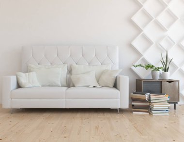 Beyaz minimalist oturma odasının içinde, ahşap zeminde kanepe var. İç kısımları kuzeyli. 3B illüstrasyon