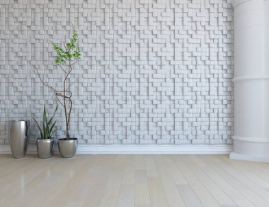 Dekoratif unsurlarla dolu boş bir İskandinav odası fikri. İç kısımları kuzeyli. 3B illüstrasyon 