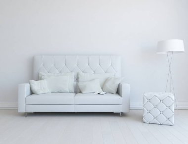 Beyaz minimalist oturma odasının içinde, ahşap zeminde kanepe var. İç kısımları kuzeyli. 3B illüstrasyon