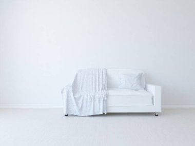 Beyaz minimalist oturma odasının içinde, ahşap zeminde kanepe var. İç kısımları kuzeyli. 3B illüstrasyon