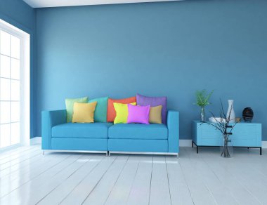Mavi minimalist bir oturma odası ve ahşap zeminde bir kanepe. İç kısımları kuzeyli. 3B illüstrasyon