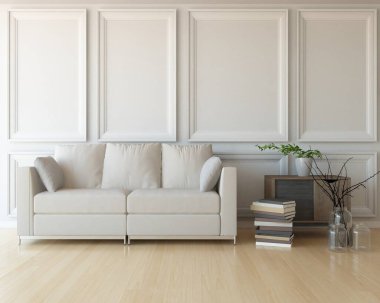 Beyaz minimalist oturma odasının içinde, ahşap zeminde kanepe var. İç kısımları kuzeyli. 3B illüstrasyon