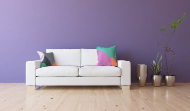 Minimalist bir oda ve kanepe. İç kısımları kuzeyli. 3B illüstrasyon