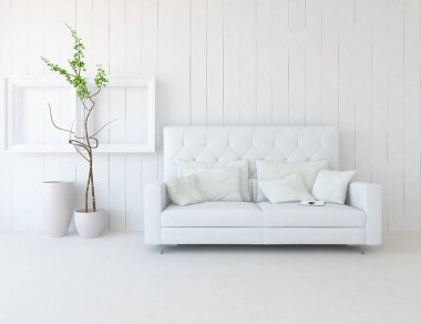 Beyaz minimalist oturma odasının içinde, ahşap zeminde kanepe var. İç kısımları kuzeyli. 3B illüstrasyon