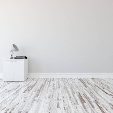 İçi lambayla dolu boş minimalist oda. Arkaplan iç mimarisi. İç kısımları kuzeyli. 3B illüstrasyon