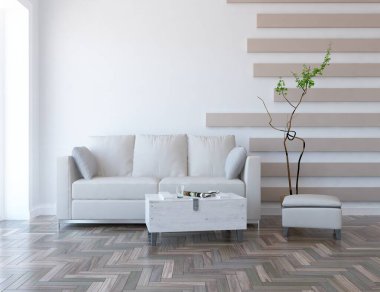 Beyaz minimalist oturma odasının içinde, ahşap zeminde kanepe var. İç kısımları kuzeyli. 3B illüstrasyon