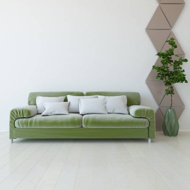 Minimalist bir oturma odası ve ahşap zeminde bir kanepe. İç kısımları kuzeyli. 3B illüstrasyon