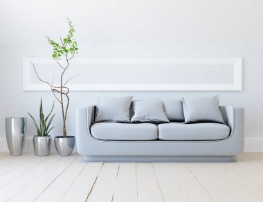 Beyaz minimalist oturma odasının içinde, ahşap zeminde kanepe var. İç kısımları kuzeyli. 3B illüstrasyon