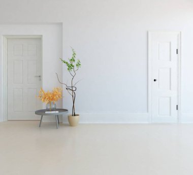 Dekoratif unsurlarla dolu boş bir İskandinav odası fikri. İç kısımları kuzeyli. 3B illüstrasyon 