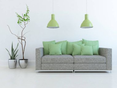 Minimalist bir oturma odası ve ahşap zeminde bir kanepe. İç kısımları kuzeyli. 3B illüstrasyon