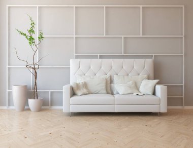 Minimalist bir oturma odası ve ahşap zeminde bir kanepe. İç kısımları kuzeyli. 3B illüstrasyon