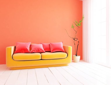 Pembe minimalist oturma odasının içinde ahşap bir zeminde kanepe var. İç kısımları kuzeyli. 3B illüstrasyon