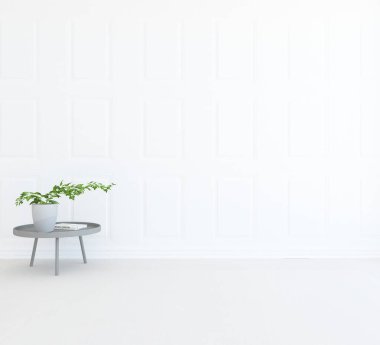 Dekoratif unsurlarla dolu boş bir İskandinav odası fikri. İç kısımları kuzeyli. 3B illüstrasyon 