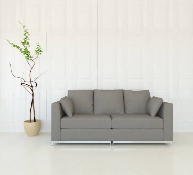 Minimalist bir oturma odası ve ahşap zeminde bir kanepe. İç kısımları kuzeyli. 3B illüstrasyon