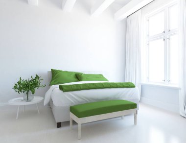 Minimalist bir oturma odası ve ahşap zeminde bir kanepe. İç kısımları kuzeyli. 3B illüstrasyon