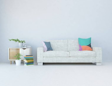 Beyaz minimalist oturma odasının içinde, ahşap zeminde kanepe var. İç kısımları kuzeyli. 3B illüstrasyon