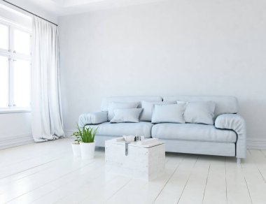 Beyaz minimalist oturma odasının içinde, ahşap zeminde kanepe var. İç kısımları kuzeyli. 3B illüstrasyon