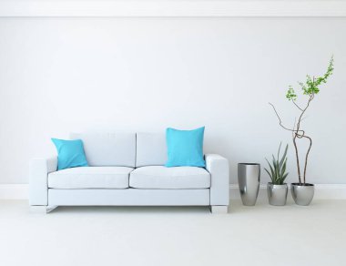 Beyaz minimalist oturma odasının içinde, ahşap zeminde kanepe var. İç kısımları kuzeyli. 3B illüstrasyon