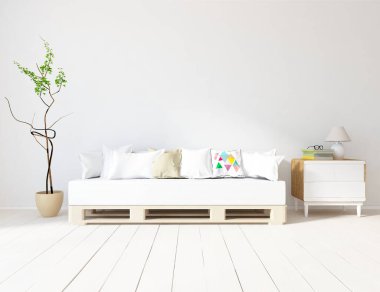 Beyaz minimalist oturma odasının içinde, ahşap zeminde kanepe var. İç kısımları kuzeyli. 3B illüstrasyon