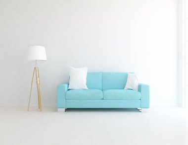 Minimalist bir oturma odası ve ahşap zeminde bir kanepe. İç kısımları kuzeyli. 3B illüstrasyon