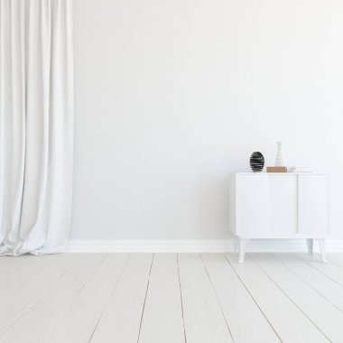 Minimalist, içi ahşap zeminli boş bir oda. İç kısımları kuzeyli. 3B illüstrasyon