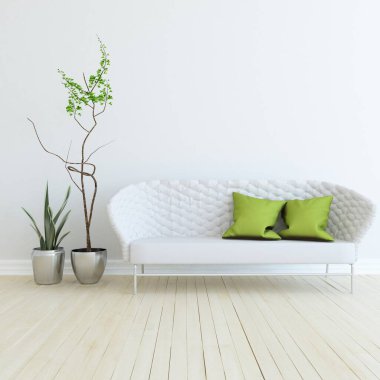 Beyaz minimalist oturma odasının içinde, ahşap zeminde kanepe var. İç kısımları kuzeyli. 3B illüstrasyon
