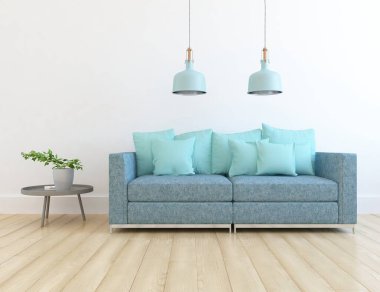 Minimalist bir oturma odası ve ahşap zeminde bir kanepe. İç kısımları kuzeyli. 3B illüstrasyon