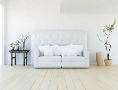 Beyaz minimalist oturma odasının içinde, ahşap zeminde kanepe var. İç kısımları kuzeyli. 3B illüstrasyon