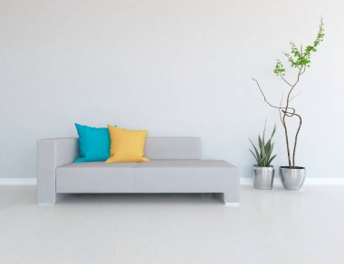 Minimalist bir oturma odası ve ahşap zeminde bir kanepe. İç kısımları kuzeyli. 3B illüstrasyon