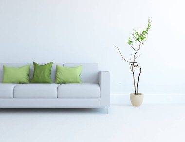 Beyaz minimalist oturma odasının içinde, ahşap zeminde kanepe var. İç kısımları kuzeyli. 3B illüstrasyon