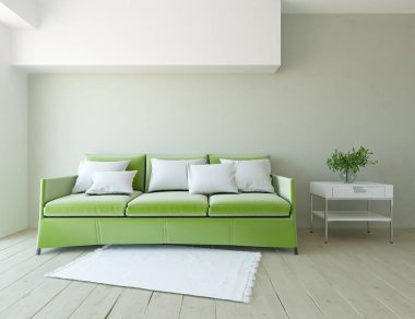 Minimalist bir oturma odası ve ahşap zeminde bir kanepe. İç kısımları kuzeyli. 3B illüstrasyon