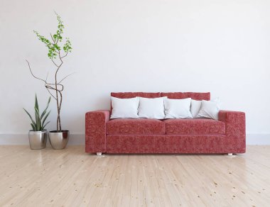 Minimalist bir oturma odası ve ahşap zeminde bir kanepe. İç kısımları kuzeyli. 3B illüstrasyon