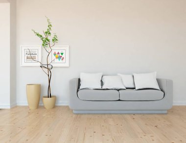 Beyaz minimalist oturma odasının içinde, ahşap zeminde kanepe var. İç kısımları kuzeyli. 3B illüstrasyon