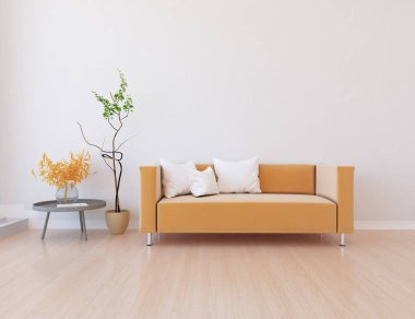 Minimalist bir oturma odası ve ahşap zeminde bir kanepe. İç kısımları kuzeyli. 3B illüstrasyon