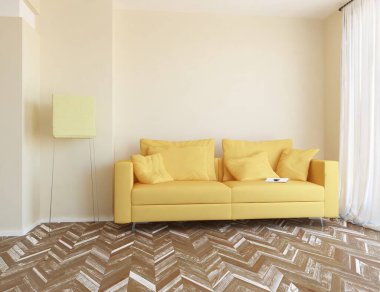 Minimalist bir oturma odası ve ahşap zeminde bir kanepe. İç kısımları kuzeyli. 3B illüstrasyon