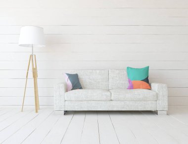 Beyaz minimalist oturma odasının içinde, ahşap zeminde kanepe var. İç kısımları kuzeyli. 3B illüstrasyon