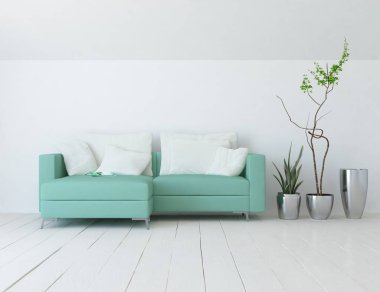 Beyaz minimalist oturma odasının içinde, ahşap zeminde kanepe var. İç kısımları kuzeyli. 3B illüstrasyon