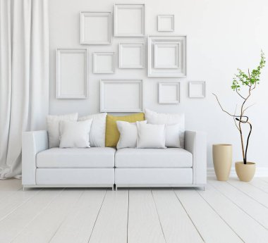 Beyaz minimalist oturma odasının içinde, ahşap zeminde kanepe var. İç kısımları kuzeyli. 3B illüstrasyon