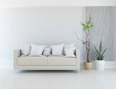 Beyaz minimalist oturma odasının içinde, ahşap zeminde kanepe var. İç kısımları kuzeyli. 3B illüstrasyon