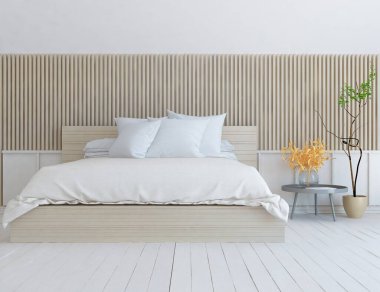 Yatak odasının içinde yatak var. Renkli elementlerin iç mimarisi ile kuzeye dönük. 3B illüstrasyon