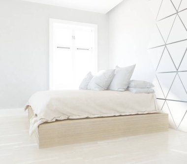 Yatak odasının içinde yatak var. Renkli elementlerin iç mimarisi ile kuzeye dönük. 3B illüstrasyon