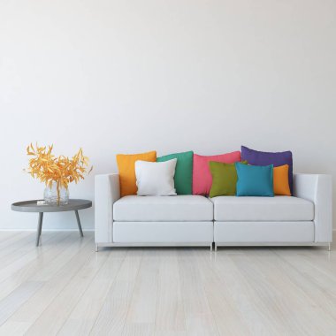 Beyaz minimalist oturma odasının içinde, ahşap zeminde kanepe var. İç kısımları kuzeyli. 3B illüstrasyon