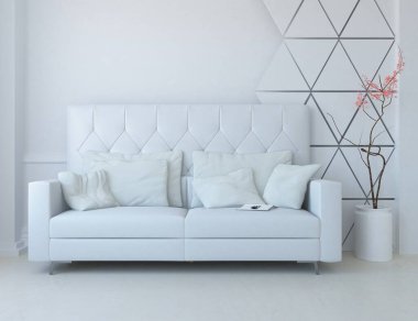 Beyaz minimalist oturma odasının içinde, ahşap zeminde kanepe var. İç kısımları kuzeyli. 3B illüstrasyon